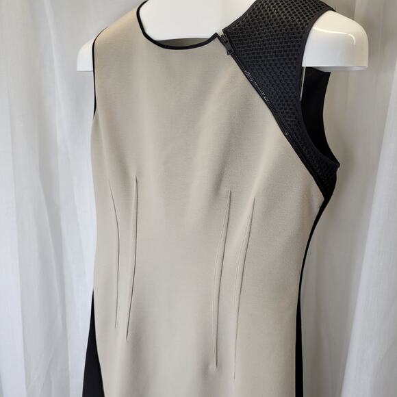 Tahari Black Tan Asymmetrical Sheath Office Dress with Zipper Accents, 8 - Picture 2 of 15